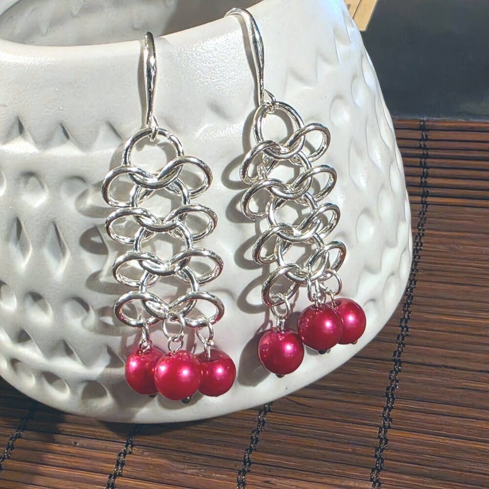 Handmade Red Glass Pearls Edgy Sterling Silver Plated Chainmaille Earrings